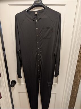 Men's Black Long-Sleeve Button Front One-Piece Unionsuit